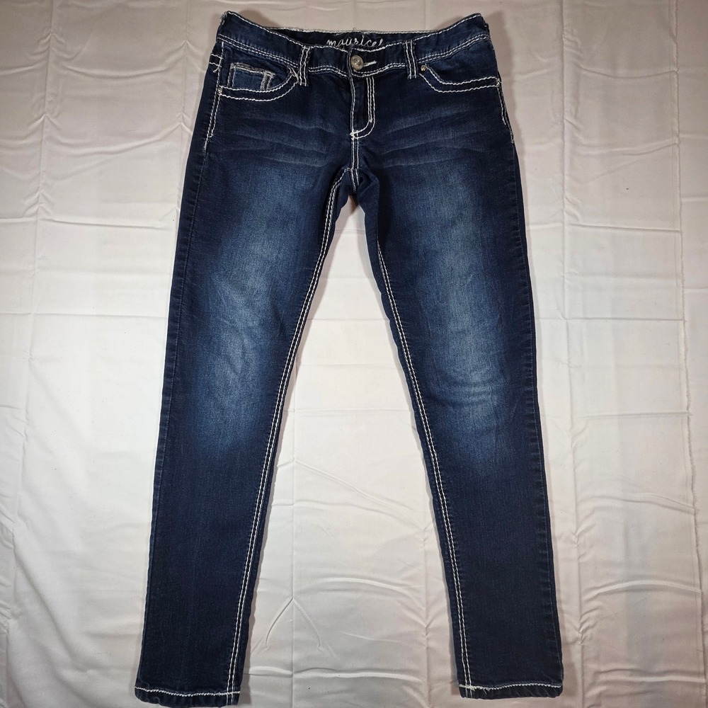 Maurices Womens Dark Wash Skinny Jeans Contrast Stitch Sequin Pockets Size M Reg